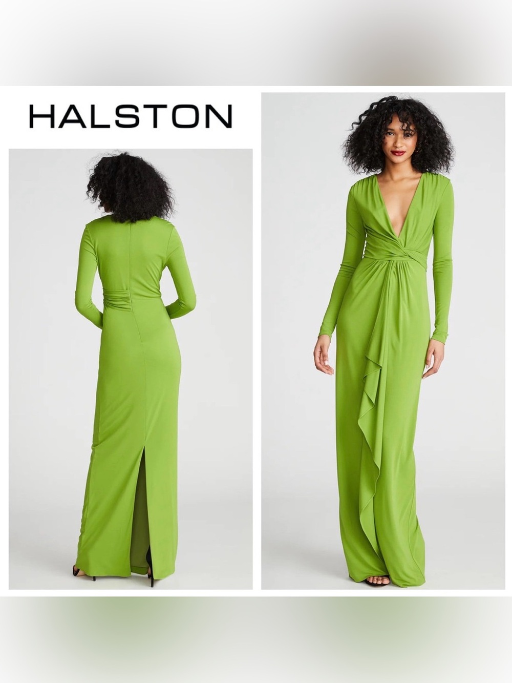 Halston Green Long Sleeve Plunge Yolanda Gown